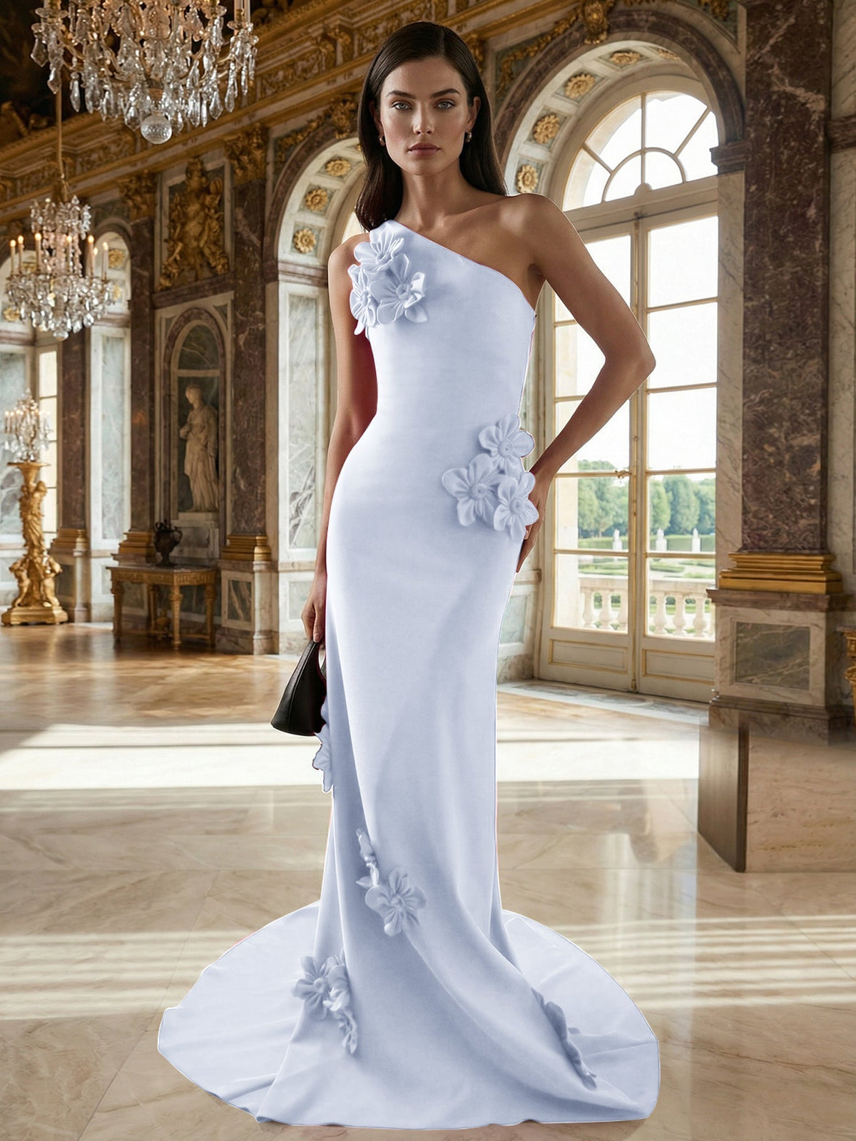 A-Line One-Shoulder Sleeveless Floor-Length Stretch Crepe Dress With 3D Flowers