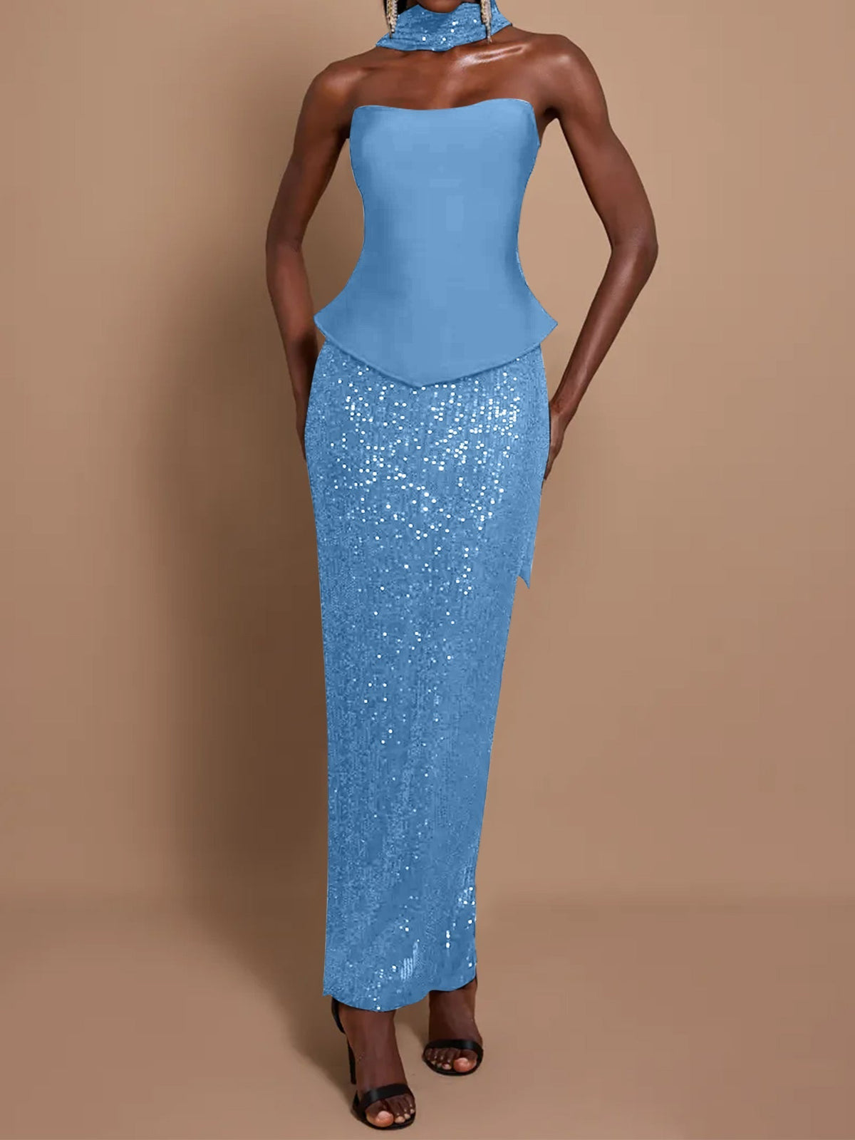 Off-Shoulder Bandage Top & Sequin Midi Skirt Set - View 14 | FashionDia