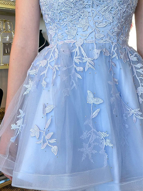 A-Line Spaghetti Straps Lace Up Tulle Homecoming Dress