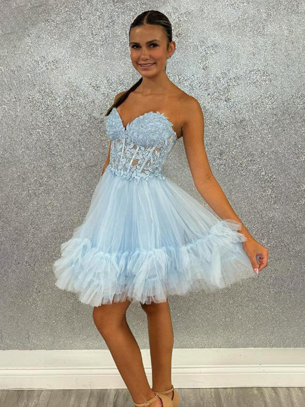 A-Line Sweetheart Lace Up Short Tulle Homecoming Dress - View 2 | FashionDia