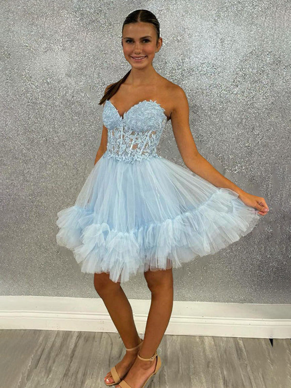 A-Line Sweetheart Lace Up Short Tulle Homecoming Dress - FashionDia