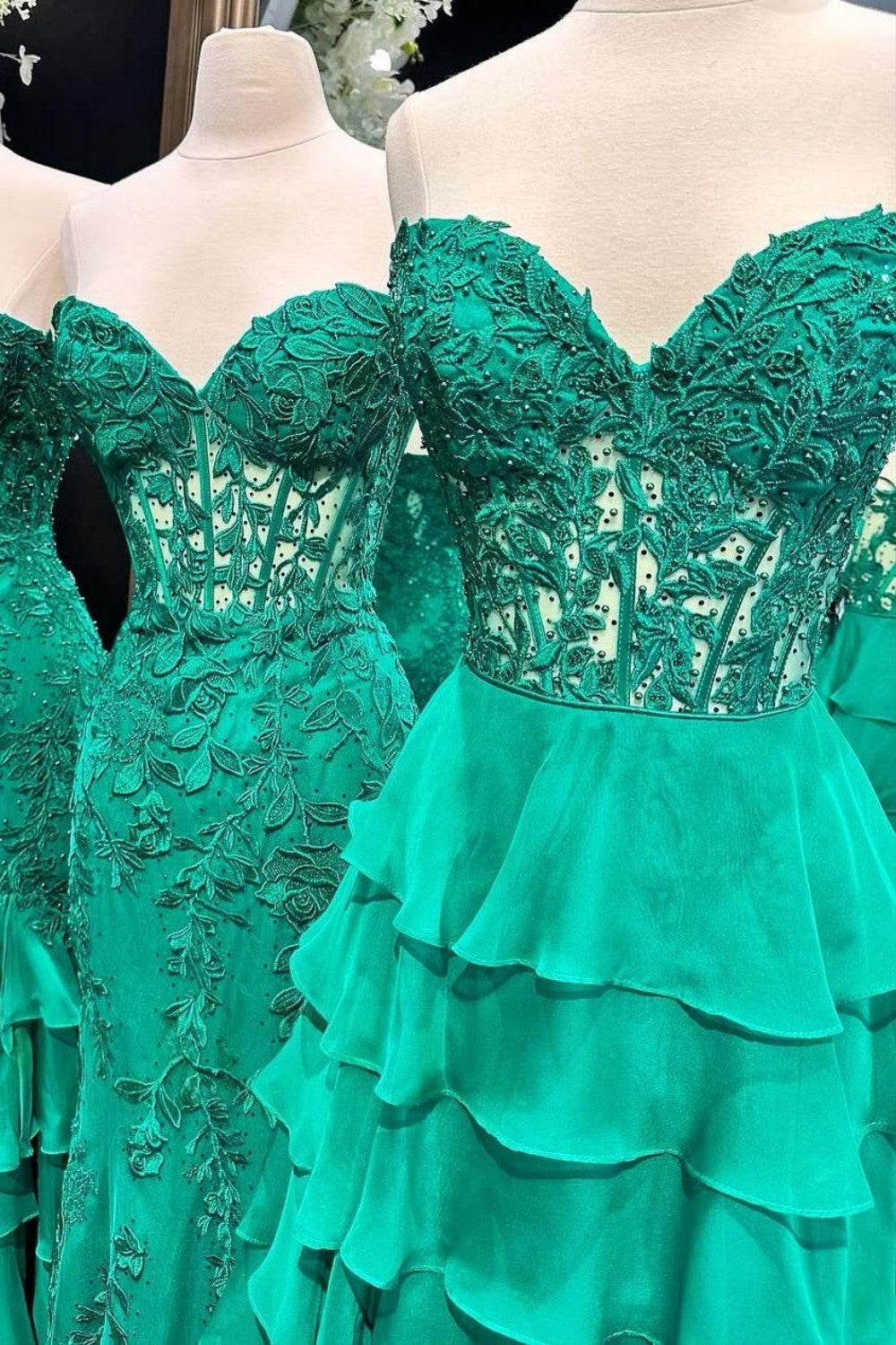 Light Blue A-Line Sweetheart Long Lace And Chiffon Prom Dress With Slit