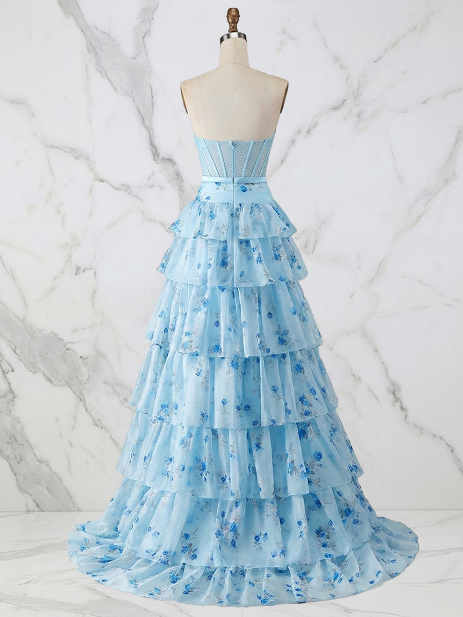 Light Blue Floral Strapless Tiered Corset Prom Dress
