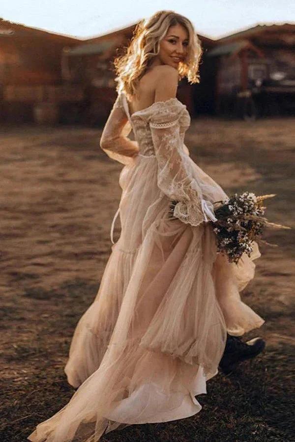 Light Brown Long Sleeve Boho Wedding Dress Rustic Wedding Dress (ZD16084)