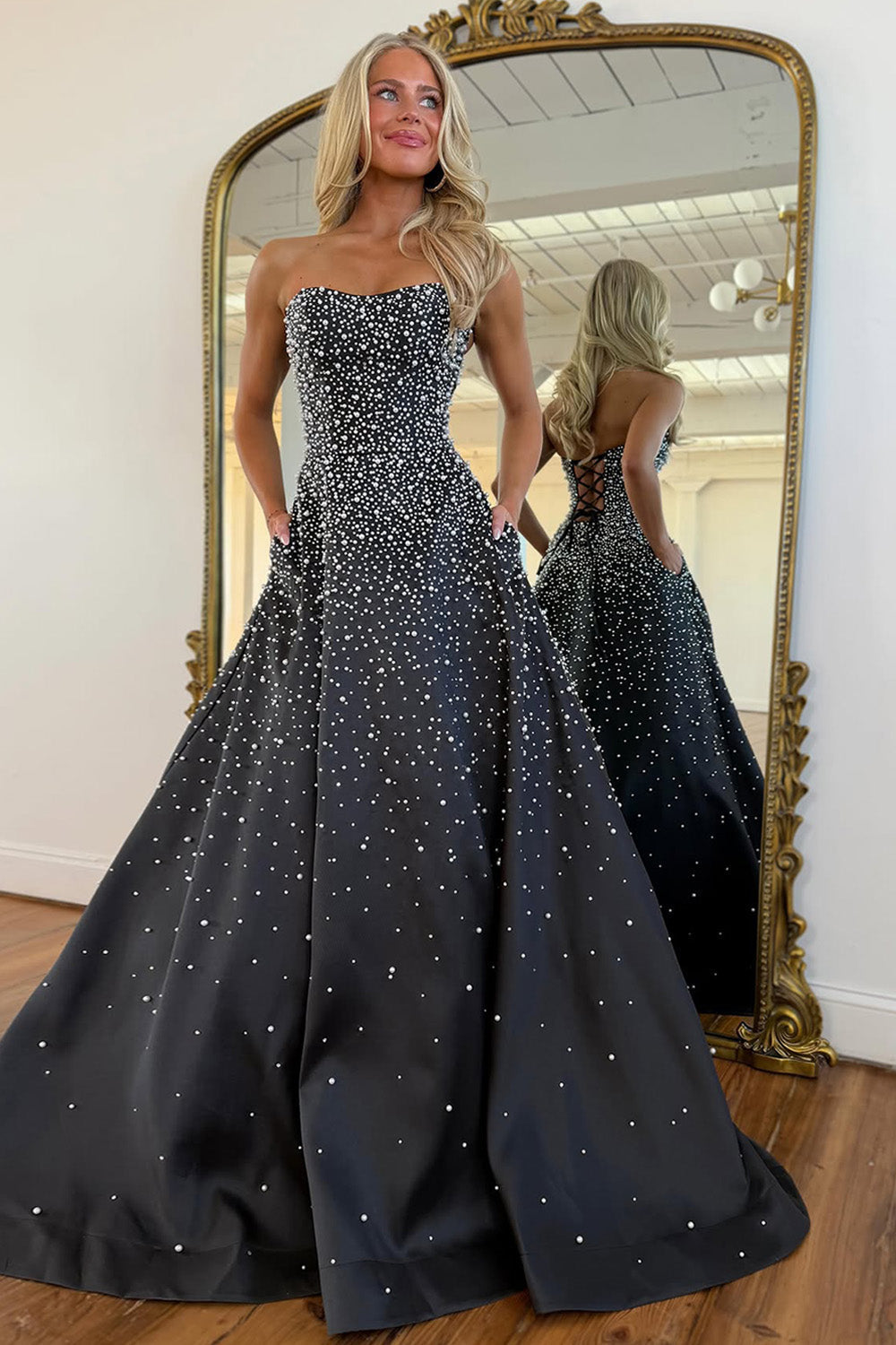 Luxurious A Line Sweetheart Black Long Prom Dress with Pearls Criss Cross Back