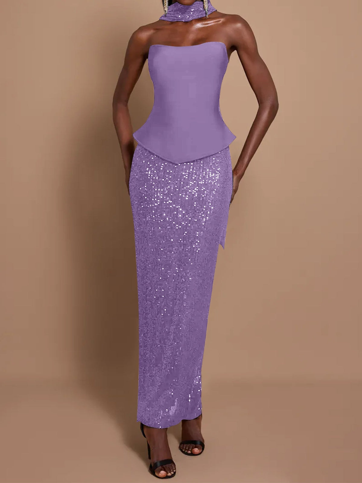 Off-Shoulder Bandage Top & Sequin Midi Skirt Set - View 15 | FashionDia