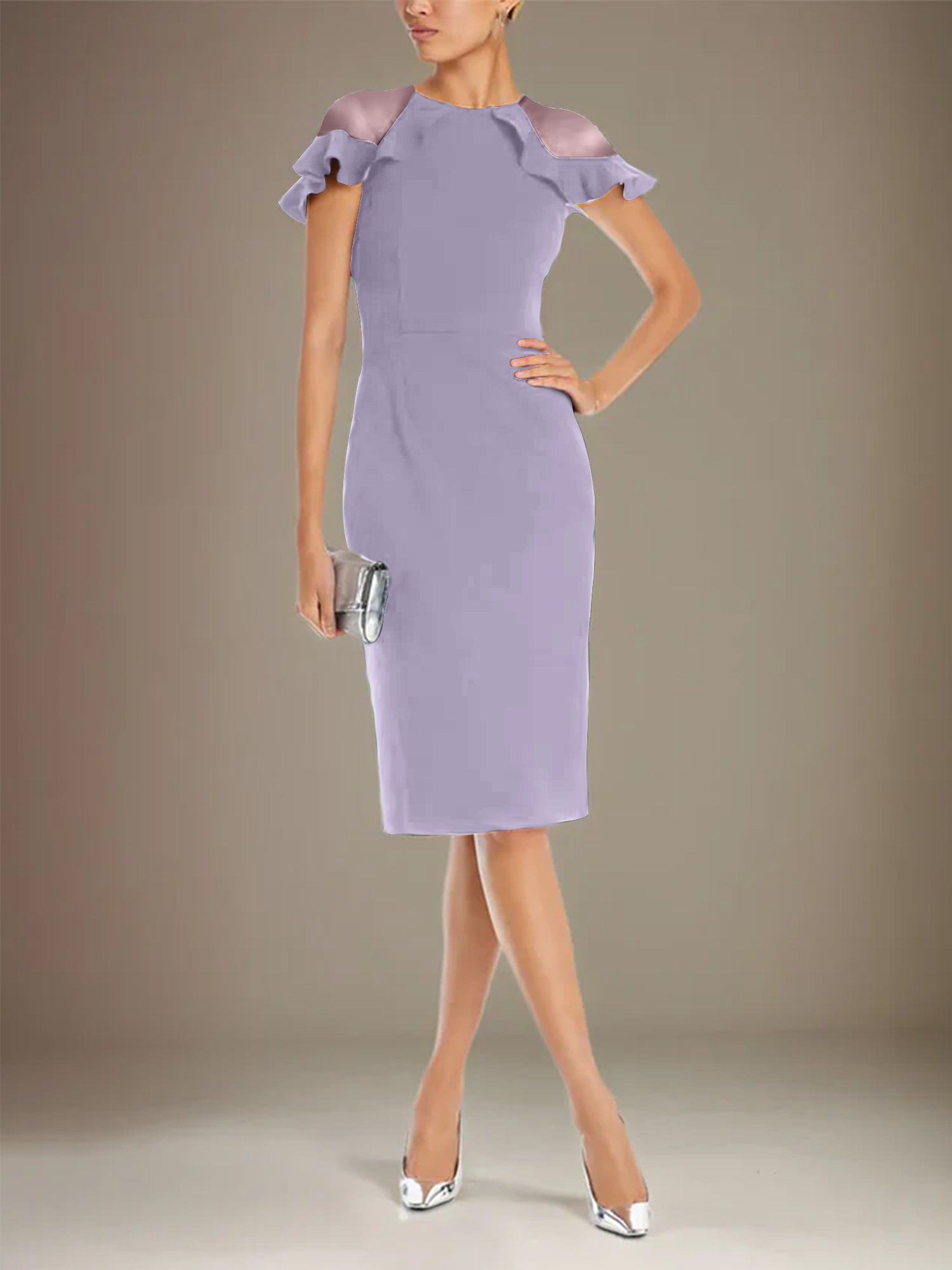 Sheath/Column Stretch Crepe Scoop Short Sleeves Knee Length Dress