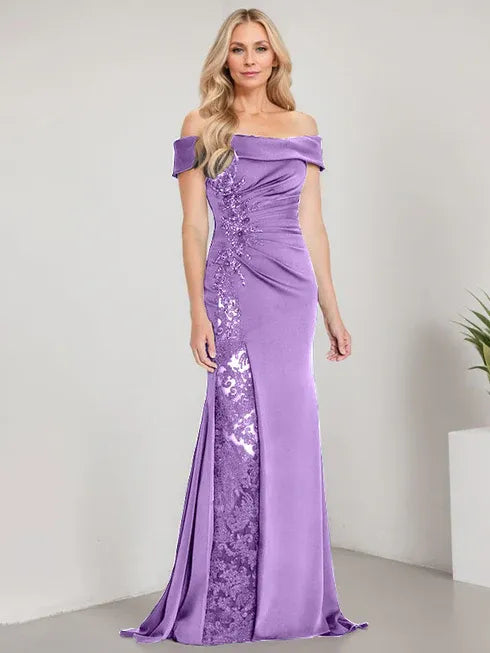 A-Line Off-the-Shoulder Floor-Length Mother of the Bride Dress Applique Beadings Mermaid Dress With High Split