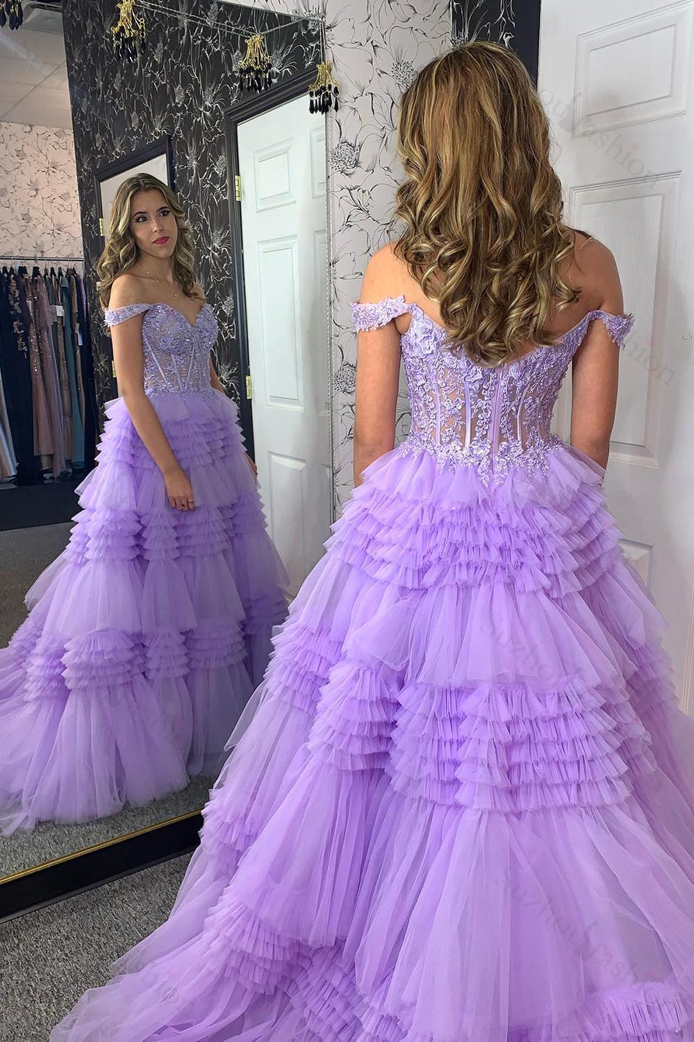 Lilac Prom Dress A-Line Ruffled Corset Long Formal Dress