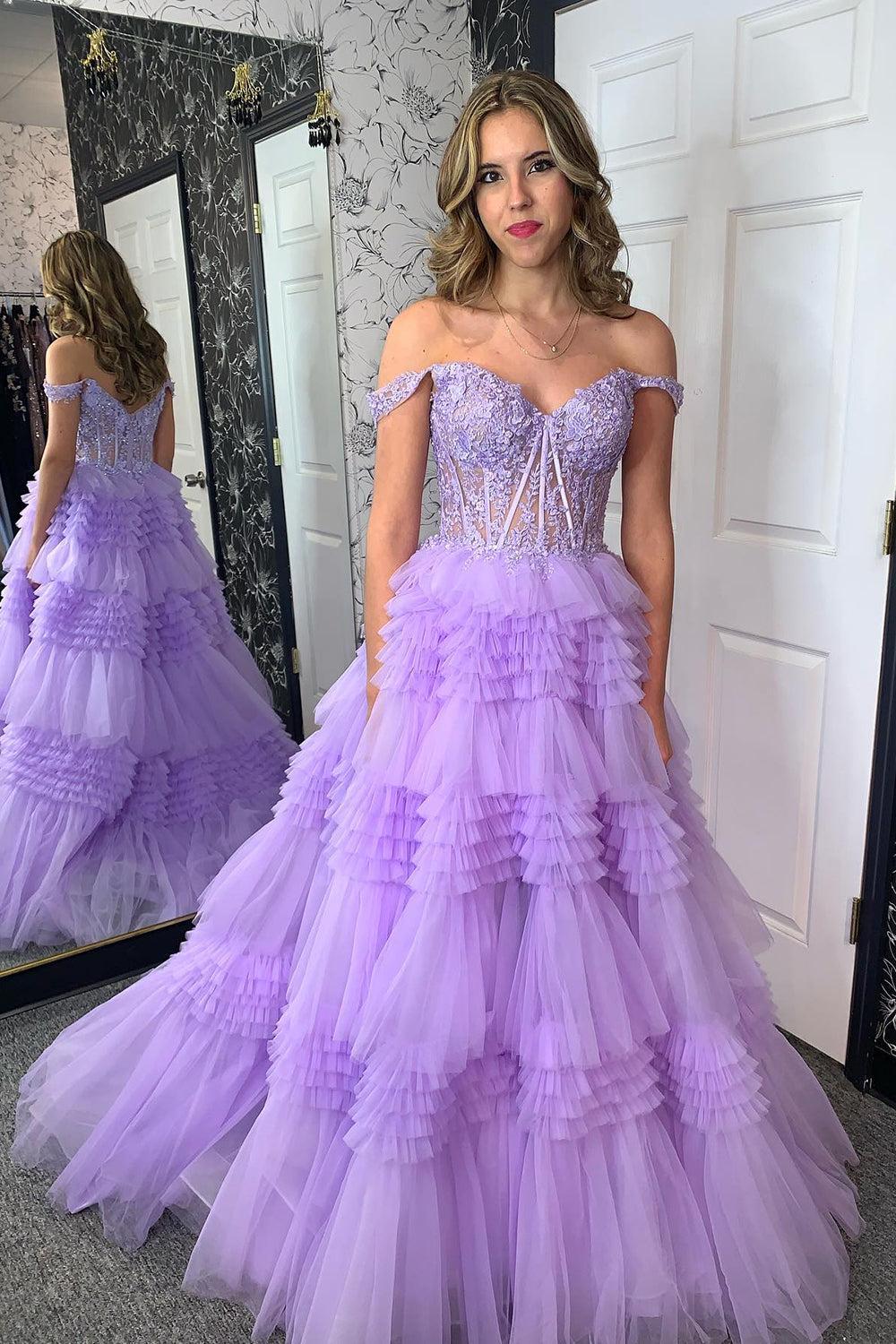 Lilac Prom Dress A-Line Ruffled Corset Long Formal Dress