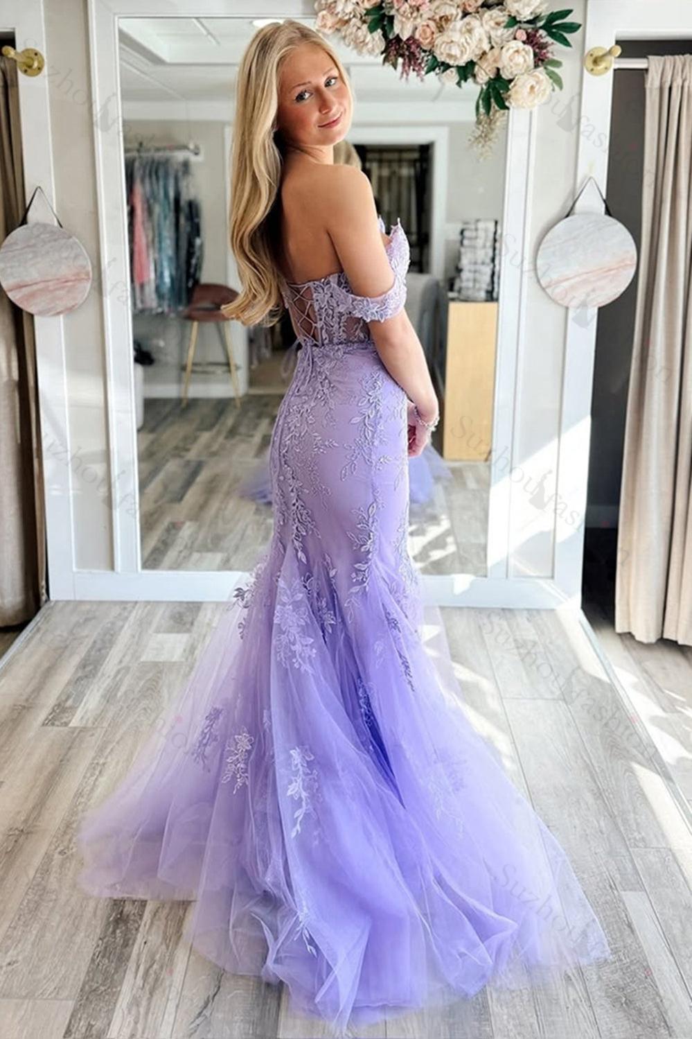 Lilac Prom Dress Appliqued Off The Shoulder Tulle Formal Dress