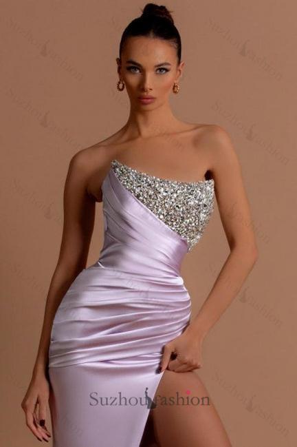 Lilac Prom Dress Column Strapless Sequined Beading Formal Dress With Slit