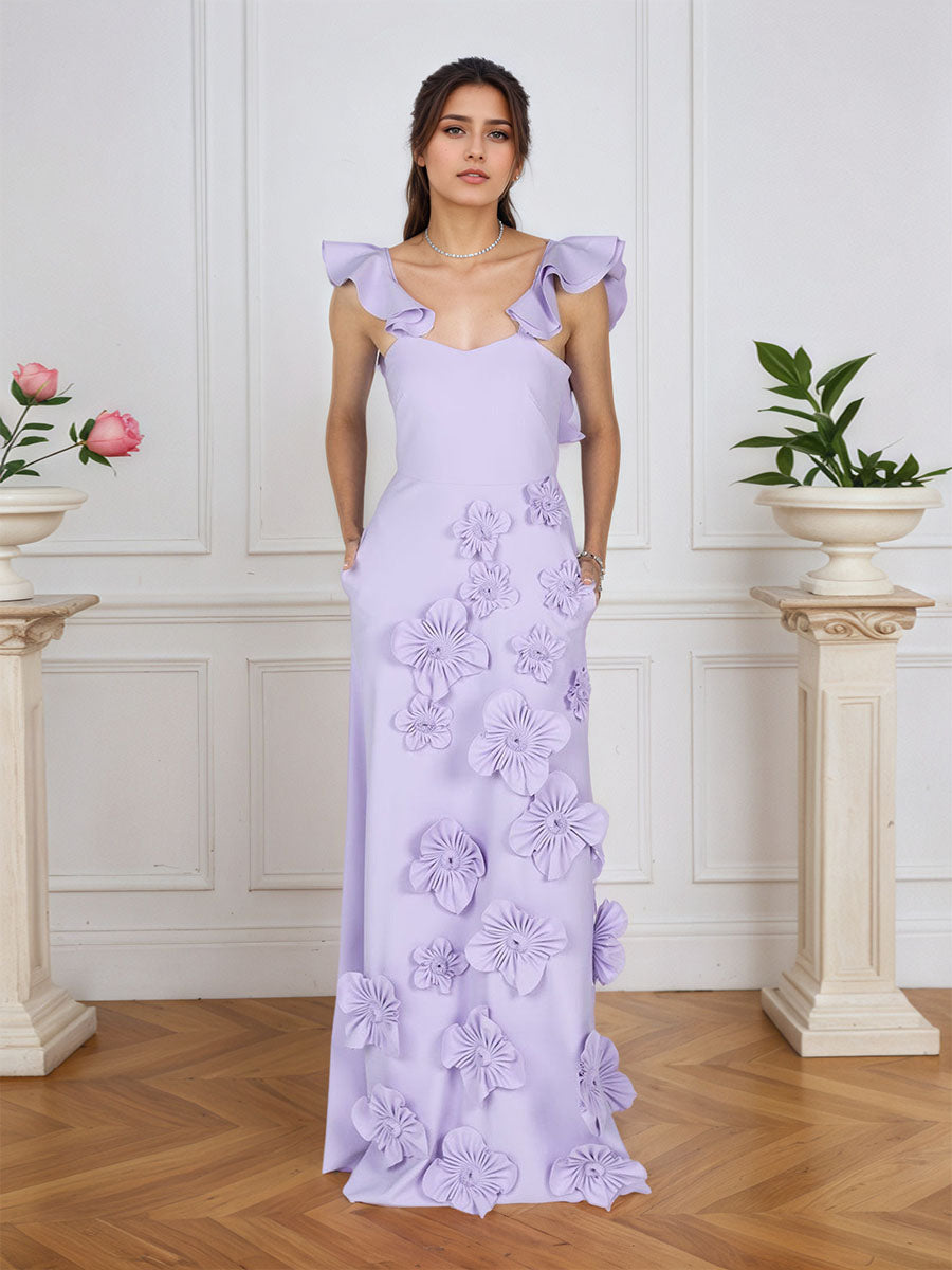 Lilac 3D Floral Sheath Formal Gown with Ruffle Sleeves