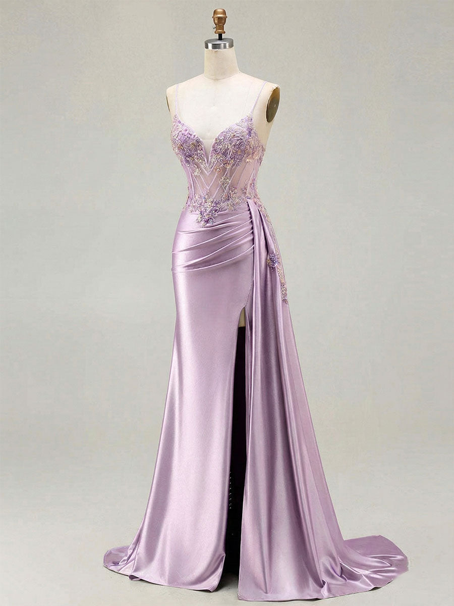 Lilac Beaded Corset Satin Long Prom Dress with High Slit