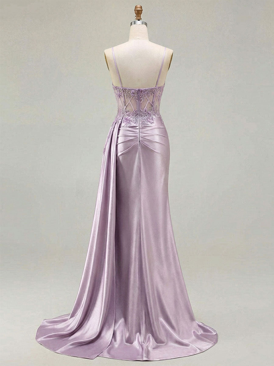 Lilac Beaded Corset Satin Long Prom Dress with High Slit