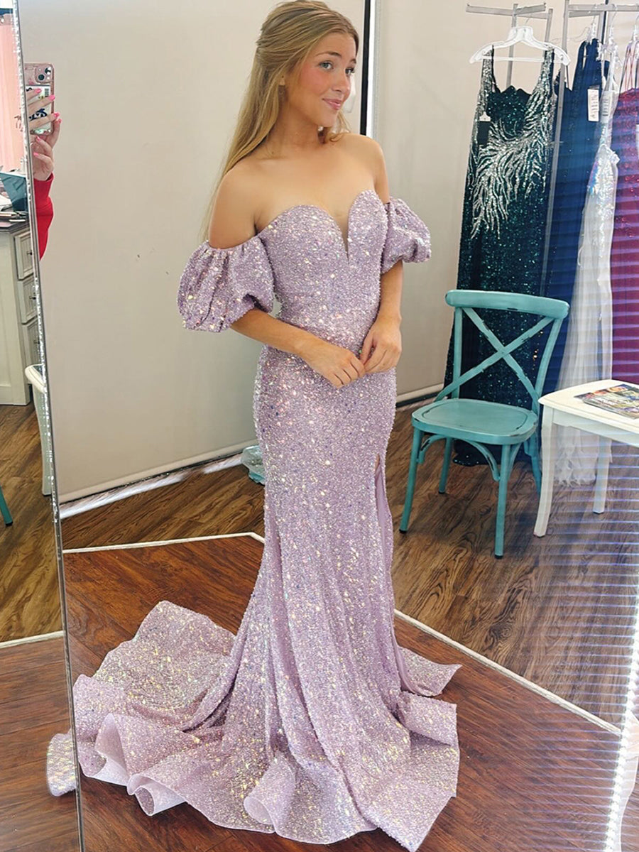 Lilac Sequin Off-the-Shoulder Puff Sleeve Prom Dress - FashionDia