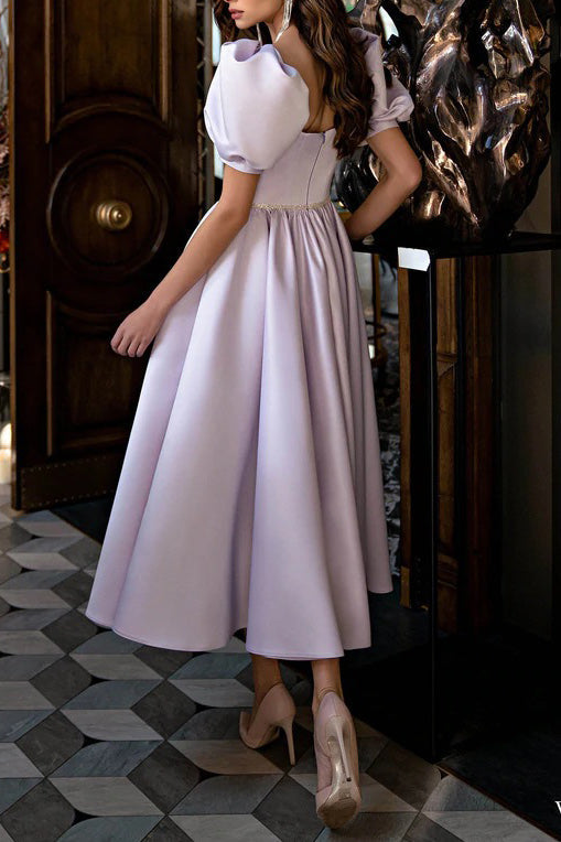 Lilac Short Sleeves A-Line Prom Dresses - Fashionpara