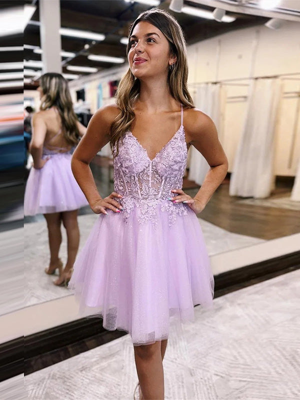 A-Line Lace Up Tulle Homecoming Dress With Appliques - FashionDia