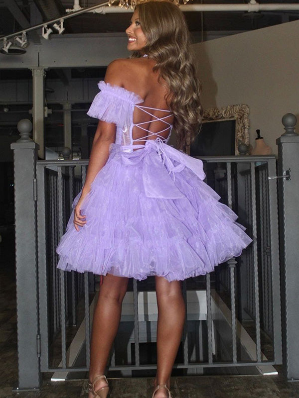 A-Line Off The Shoulder Lace Up Short Tulle Homecoming Dress