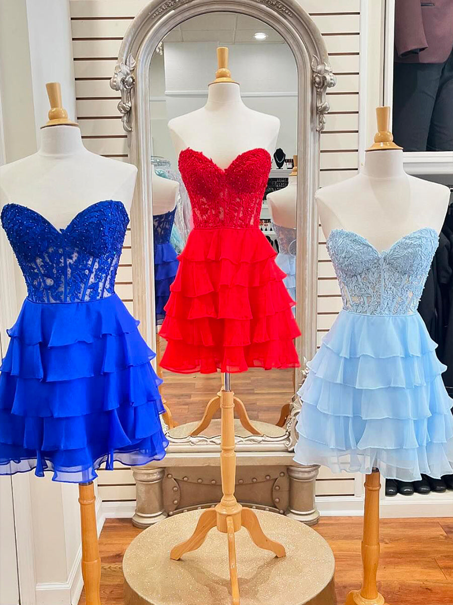 A-Line Sweetheart Short Tiered Lace Top Homecoming Dress