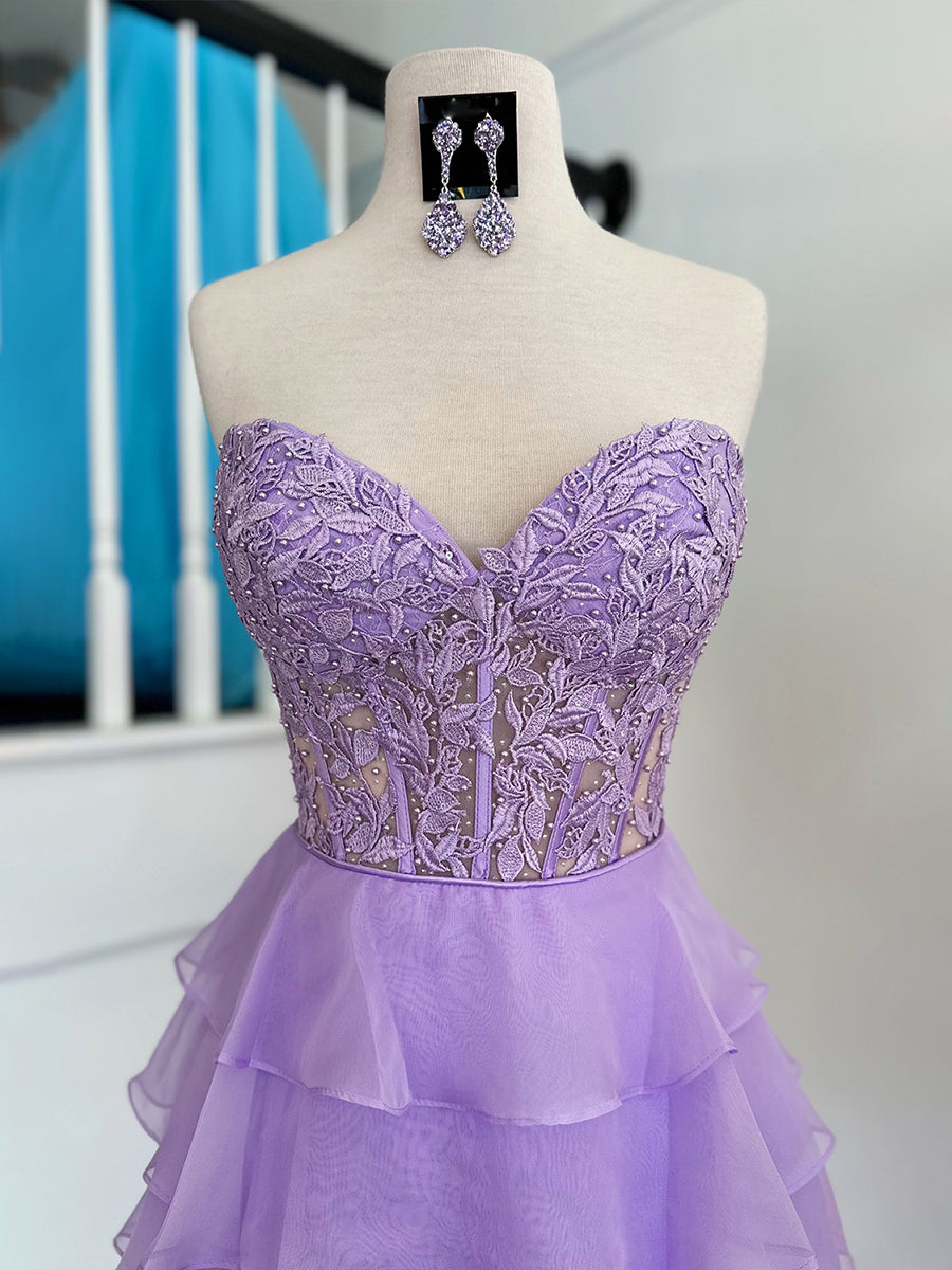 A-Line Sweetheart Short Tiered Lace Top Homecoming Dress