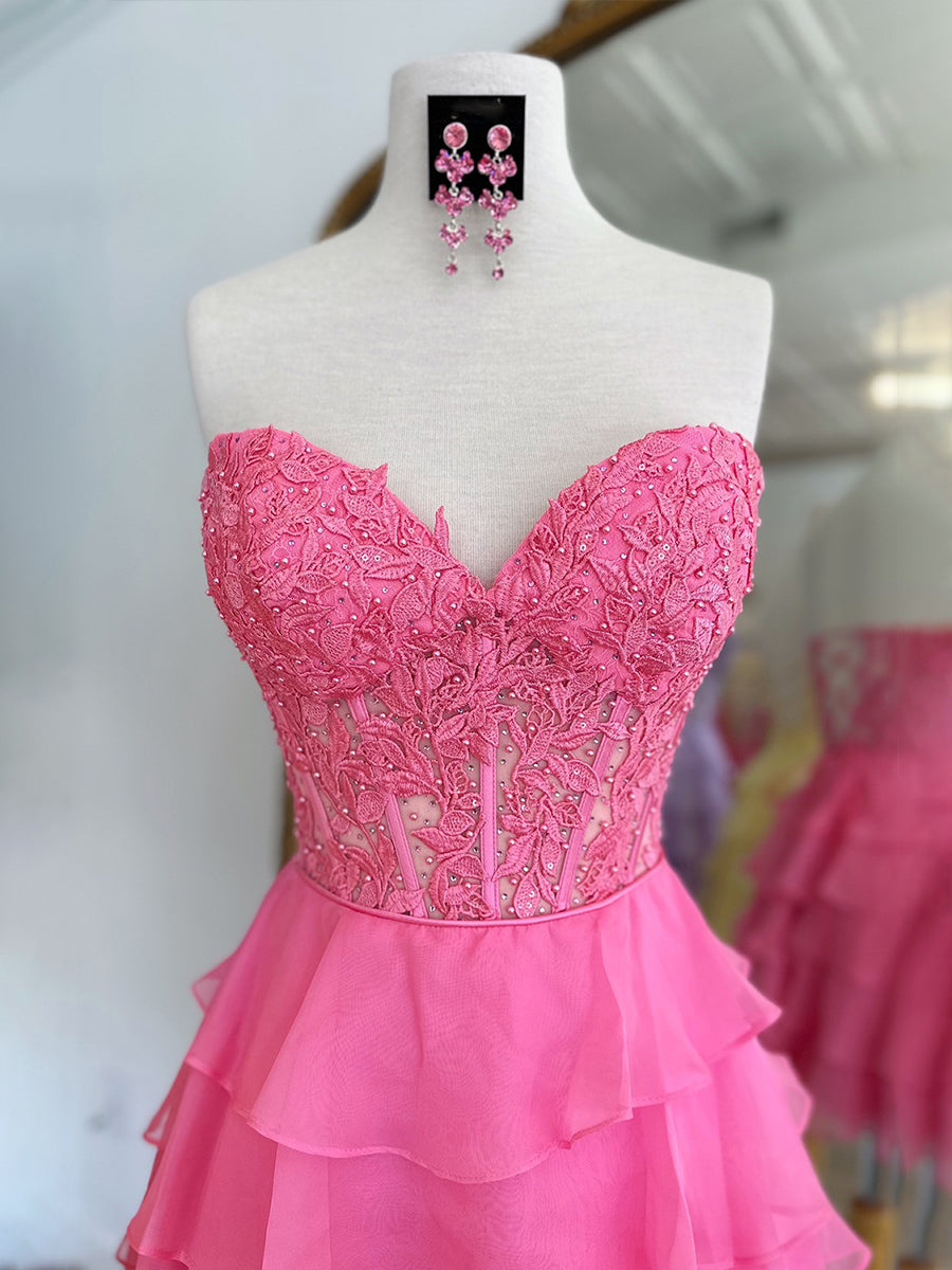 A-Line Sweetheart Short Tiered Lace Top Homecoming Dress
