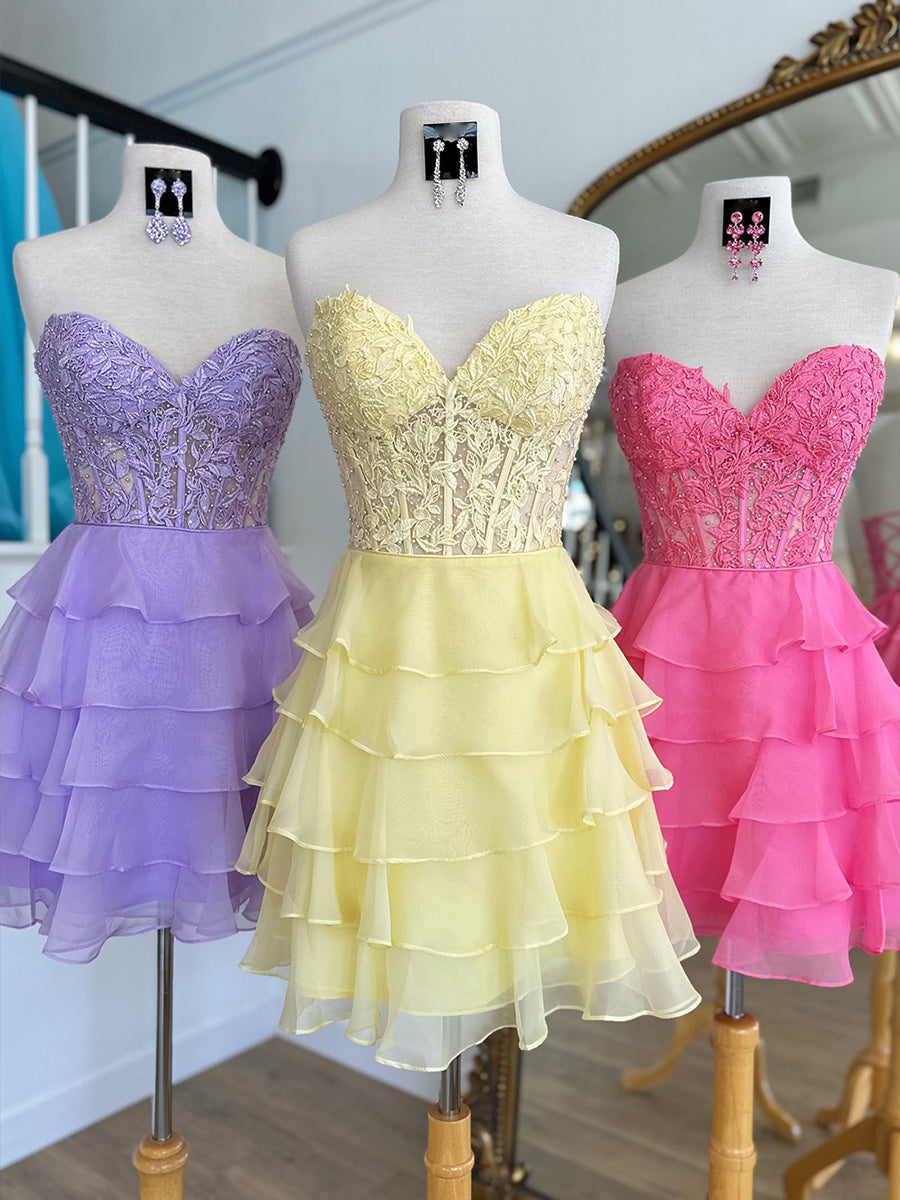 A-Line Sweetheart Short Tiered Lace Top Homecoming Dress