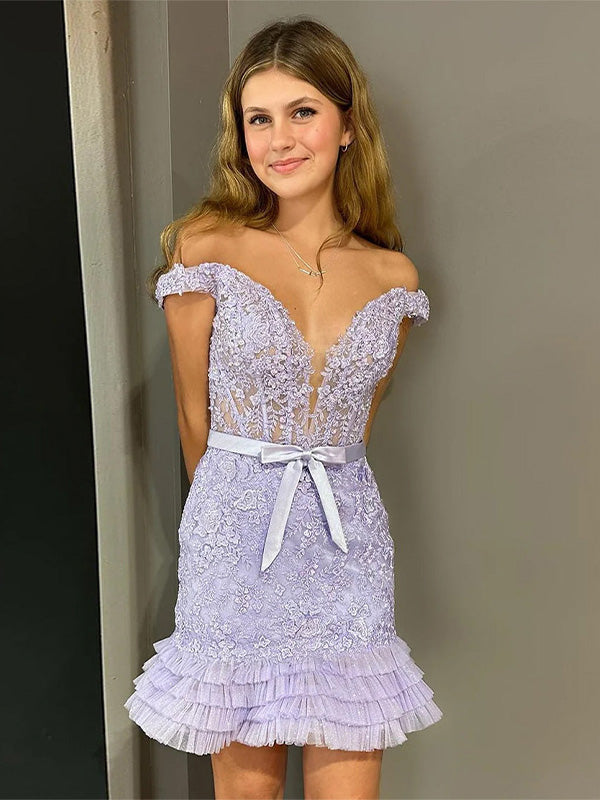 Off The Shoulder Tight Lace Homecoming Dress with Belt