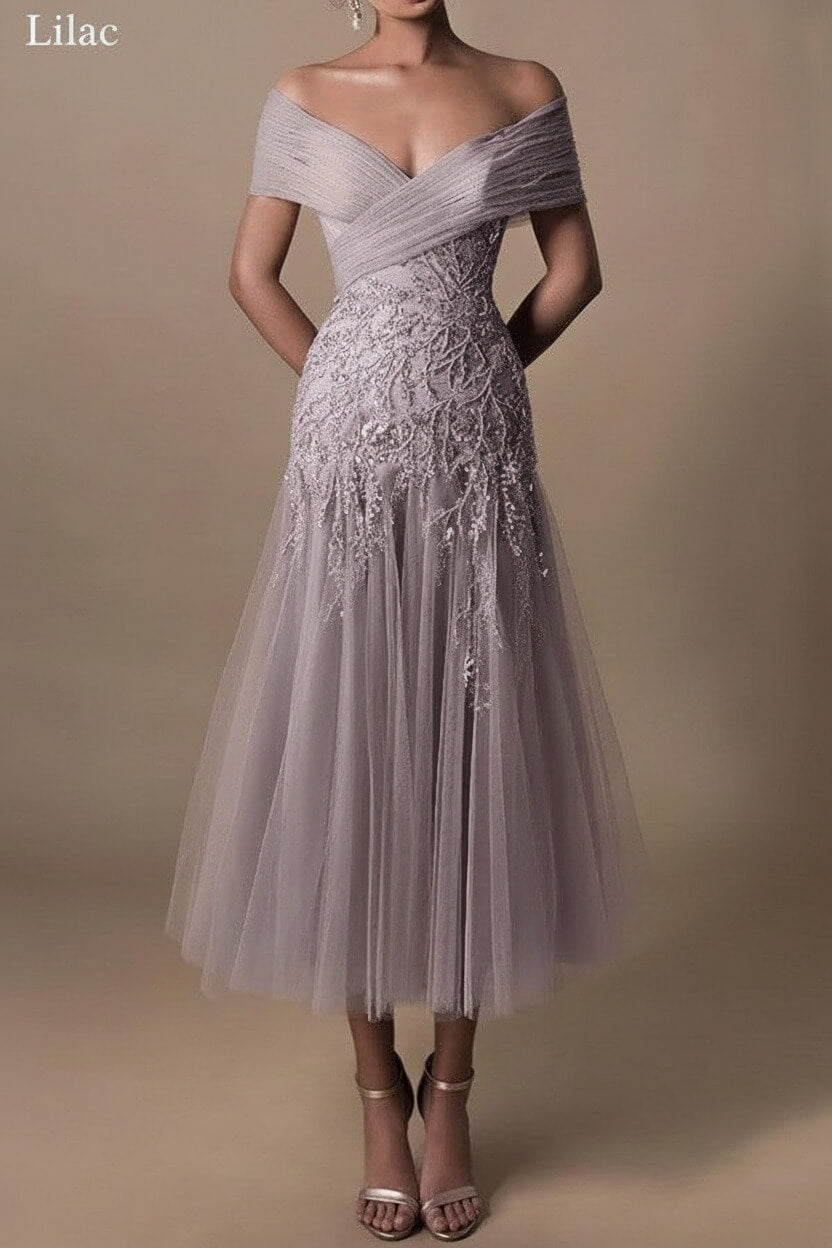Gorgeous Short Long Off-the-Shoulder Beadings Beach Bridal Dress With Lace