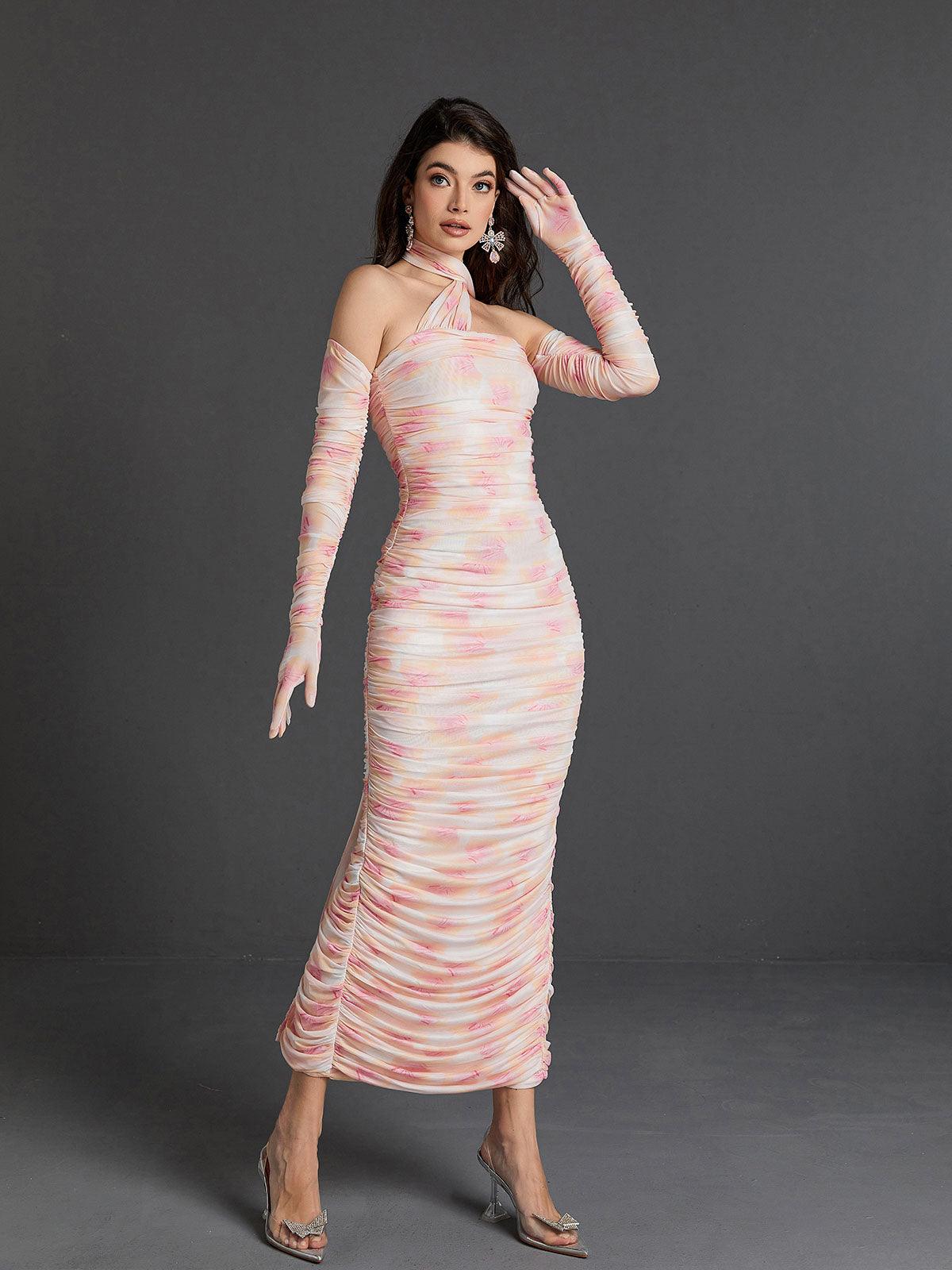 Livana Floral Mesh Maxi Dress With Gloves