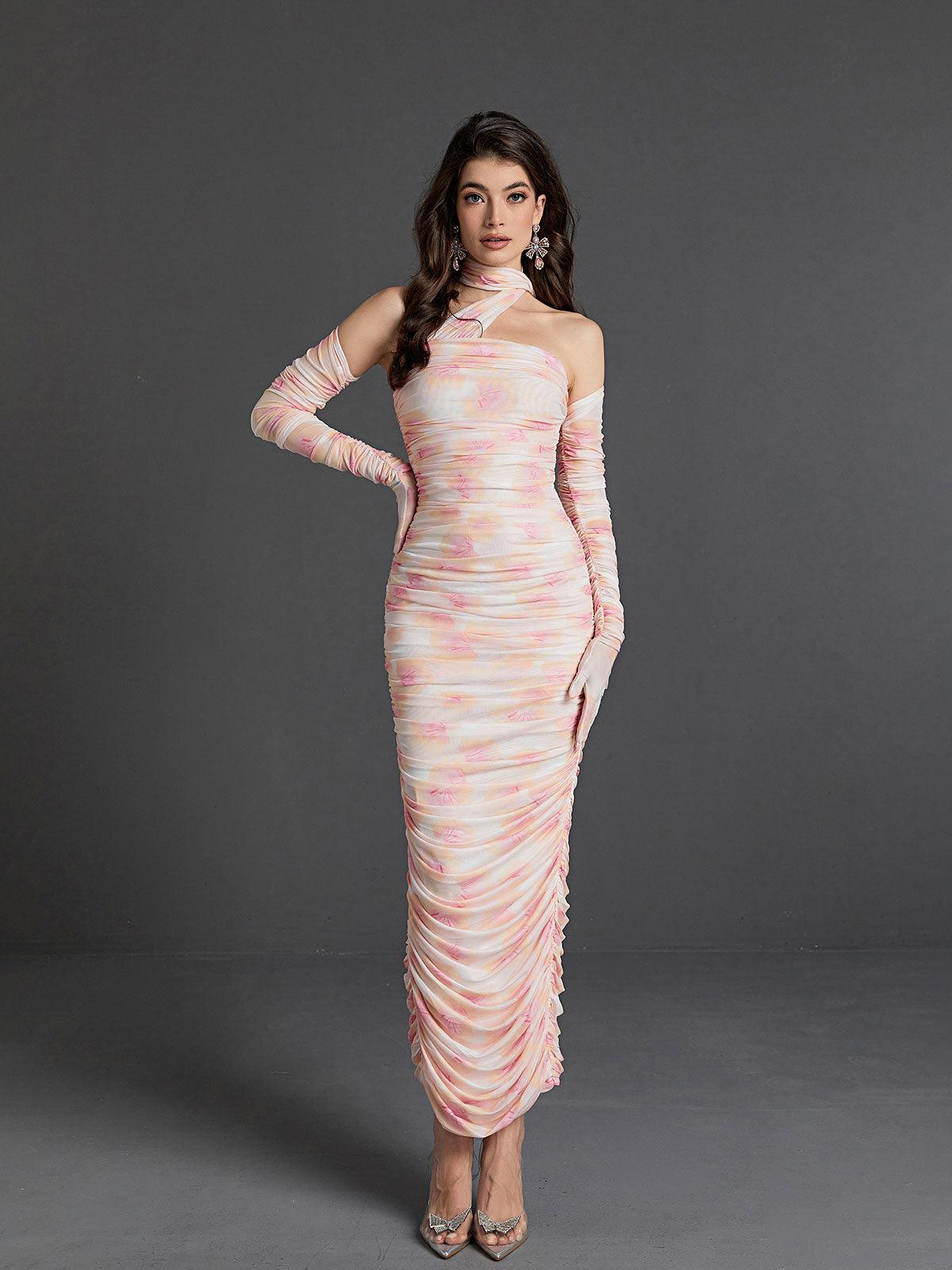 Livana Floral Mesh Maxi Dress With Gloves