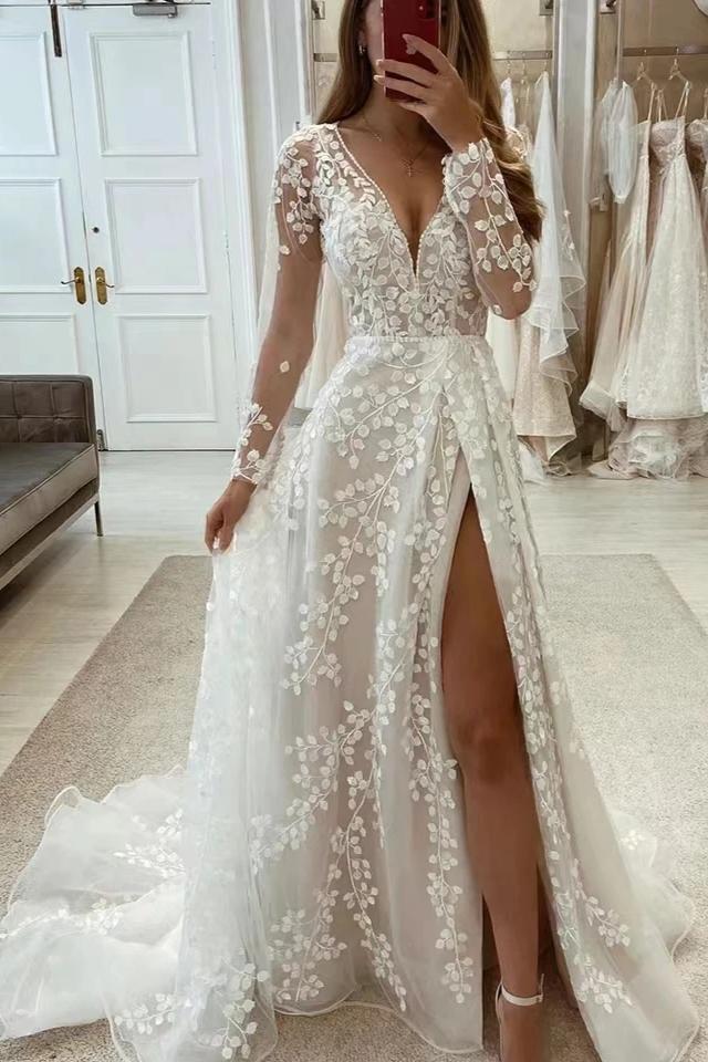 Long A Line Unique V Neck Long Sleeves Appliques Beach Bridal Gown With Slit