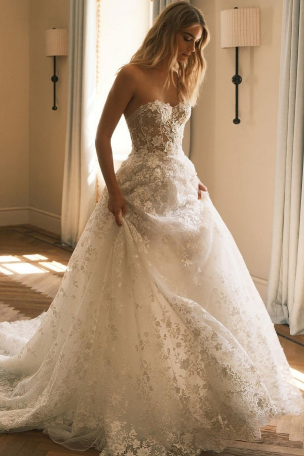 Long A Line Wedding Dress Lace Sweetheart Strapless Bridal Gown