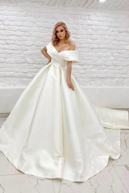 Long A Line Wedding Dress Off The Shoulder Ivory Sleeveless Bridal Gown