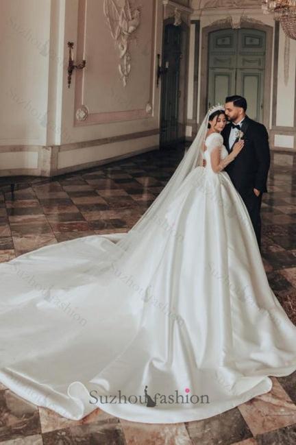 Long Ivory A Line Square Neck Satin Glitter Bridal Gown With Long Sleeves