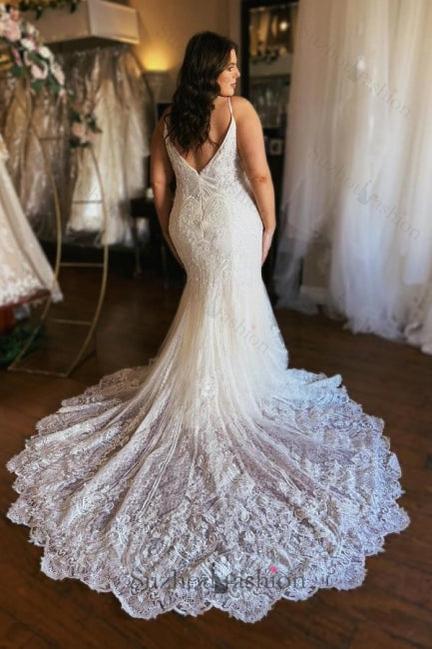 Long Mermaid Wedding Dress Spaghetti Straps Bridal Gown Lace