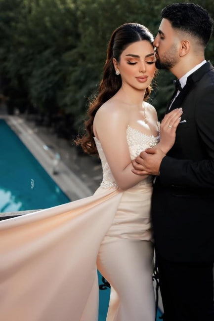 Long Mermaid Wedding Dress Strapless Sequined Bridal Gown With Pearls