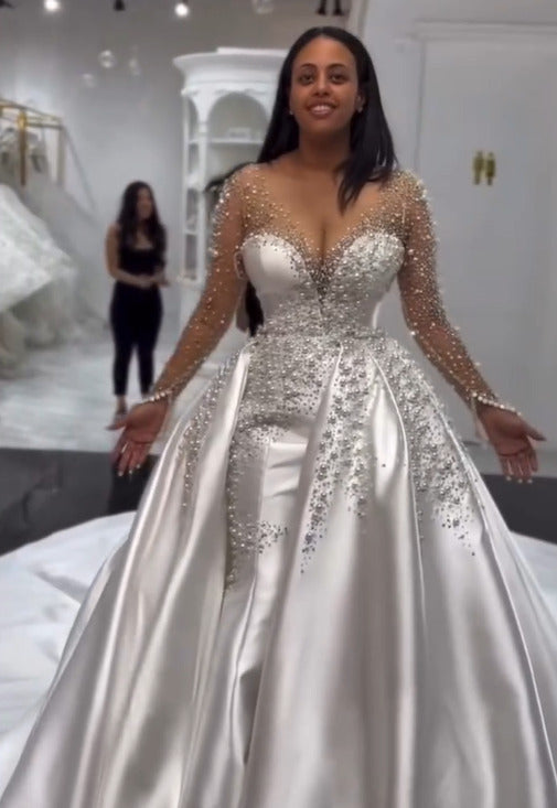 Long Sleeve Mermaid Wedding Dress Beaded Satin Stunning Bridal Gown with Detachable Train