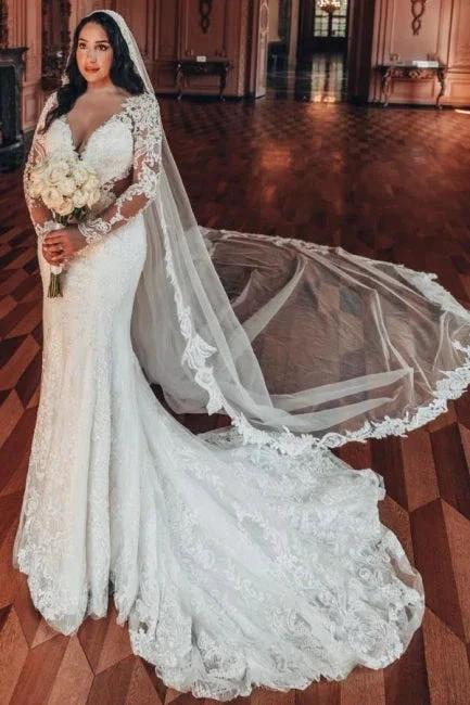 Long Sleeve V-Neck Lace A-Line Stain Wedding Dresses with Ruffles (ZD15726)