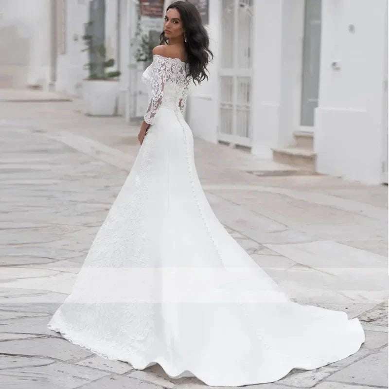 Long Sleeves Lace Wedding Dress For Women Brides Sexy Boat Neck Mermaid Appliques Bridal Gown Custom Made (ZD13306)