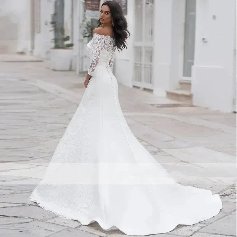 Long Sleeves Lace Wedding Dress For Women Brides Sexy Boat Neck Mermaid Appliques Bridal Gown Custom Made (ZD13306) - View 2 | VelvetHem