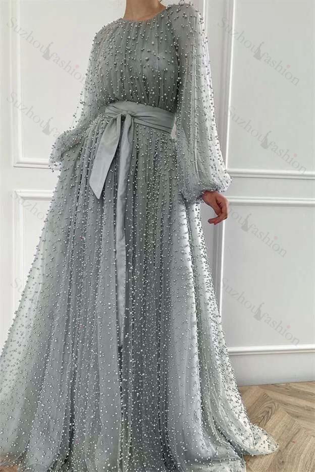 Long Sleeves Long Jewel Neck Evening Formal Dress With Pleated Beading