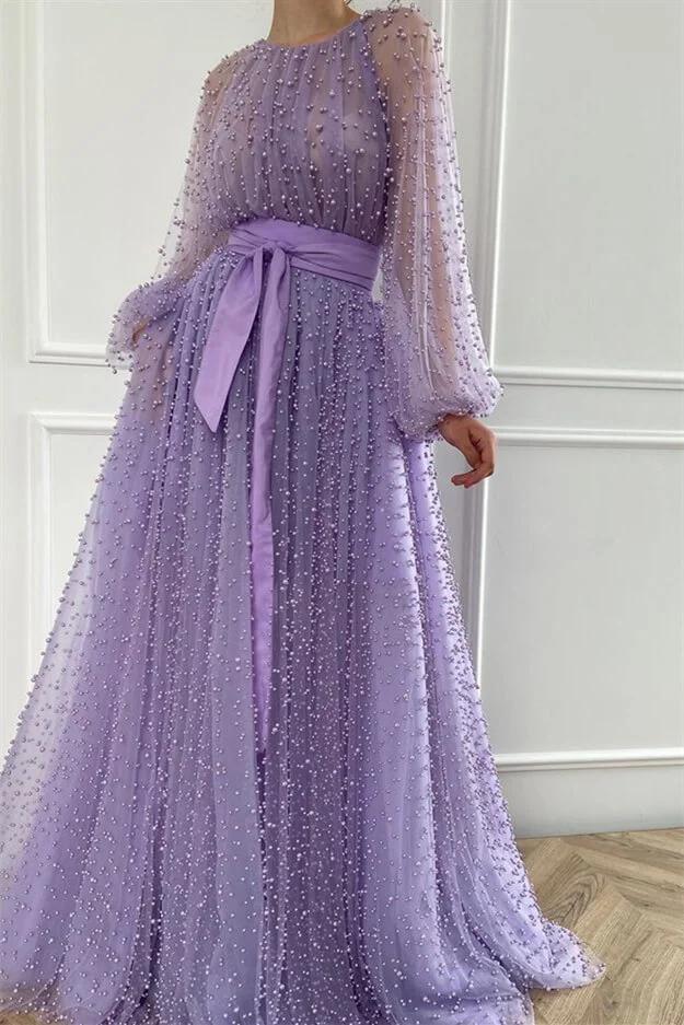 Long Sleeves Long Jewel Neck Evening Formal Dress With Pleated Beading