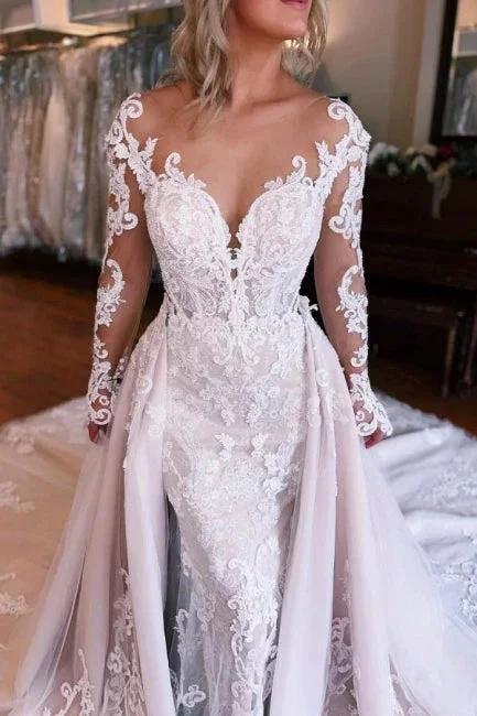 Long Sleeves Mermaid Wedding Dress with Overskirt (ZD15709)