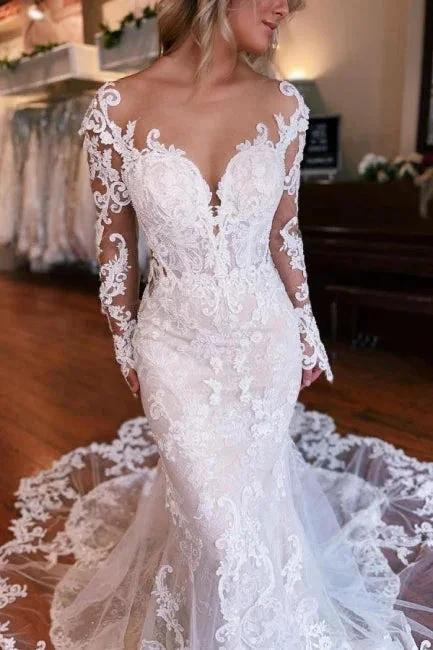 Long Sleeves Mermaid Wedding Dress with Overskirt (ZD15709)