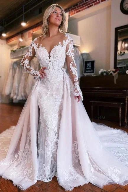 Long Sleeves Mermaid Wedding Dress with Overskirt (ZD15709)