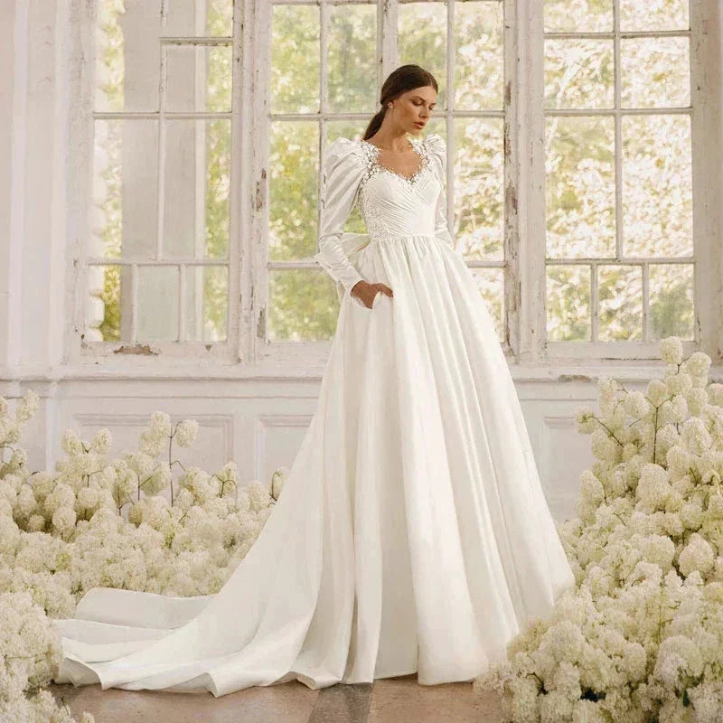 Long Sleeves Satin Wedding Dresses For Women With Bow Bridal Gowns Sweetheart Vestido De Noiva Robe Floor Length Custom 2023 by payinti