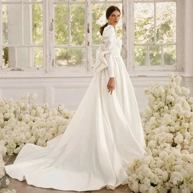 Long Sleeves Satin Wedding Dresses For Women With Bow Bridal Gowns Sweetheart Vestido De Noiva Robe Floor Length Custom 2023 (ZD14134)