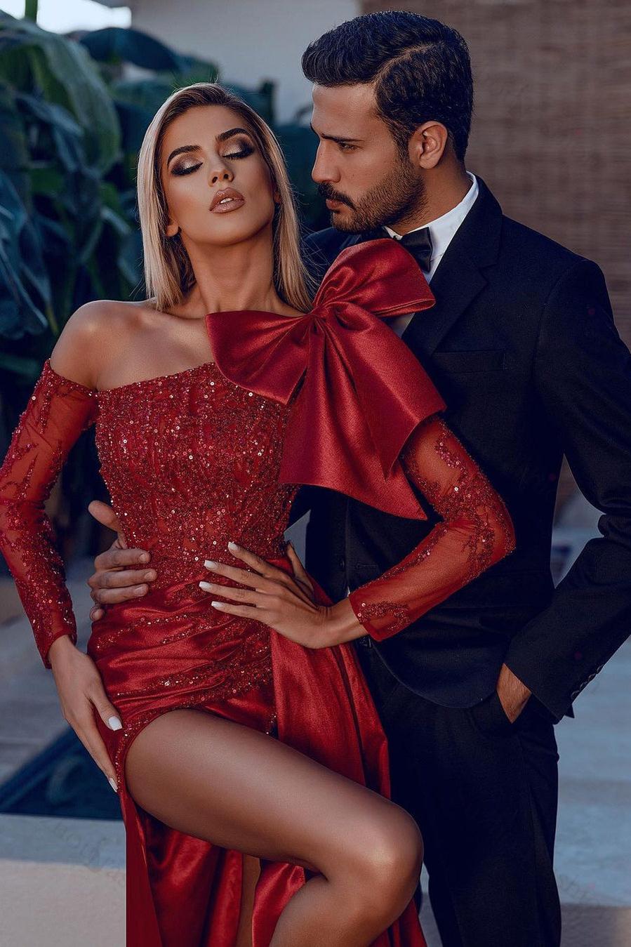 Long Sleeves Strapless Bowknot Burgundy Sequined Mermaid Evening Formal Dress With Split