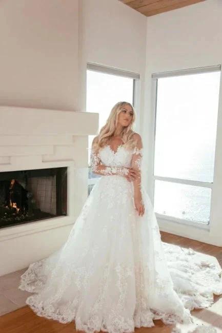 Long Sleeves Sweetheart A-Line Princess Wedding Dress with Lace (ZD15720) - View 6 | VelvetHem